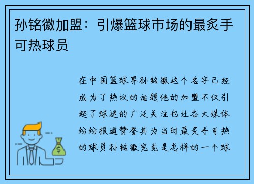 孙铭徽加盟：引爆篮球市场的最炙手可热球员