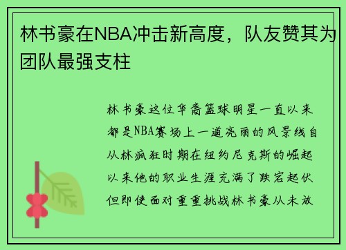 林书豪在NBA冲击新高度，队友赞其为团队最强支柱